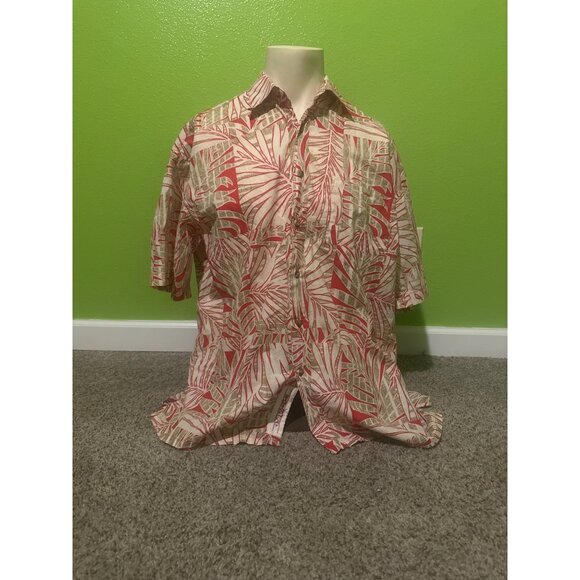 Bamboo Cay Mens Hawaiian Shirt M Red Beige Palm Leaf 100% Cotton Lawn Made In Ko - Picture 1 of 6